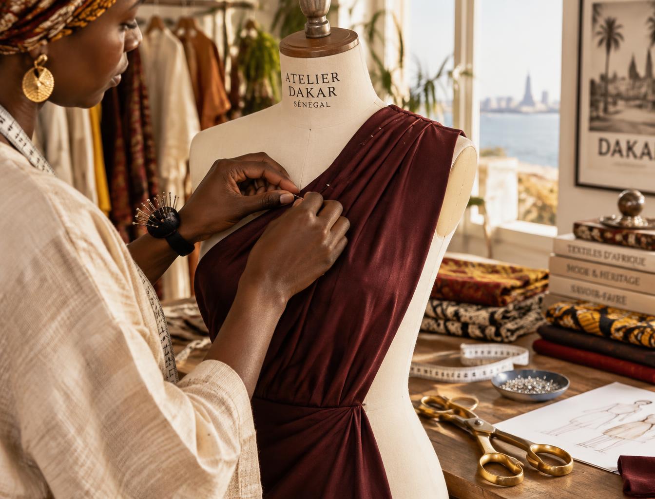 Mains de couturière ajustant un tissu bordeaux sur un mannequin