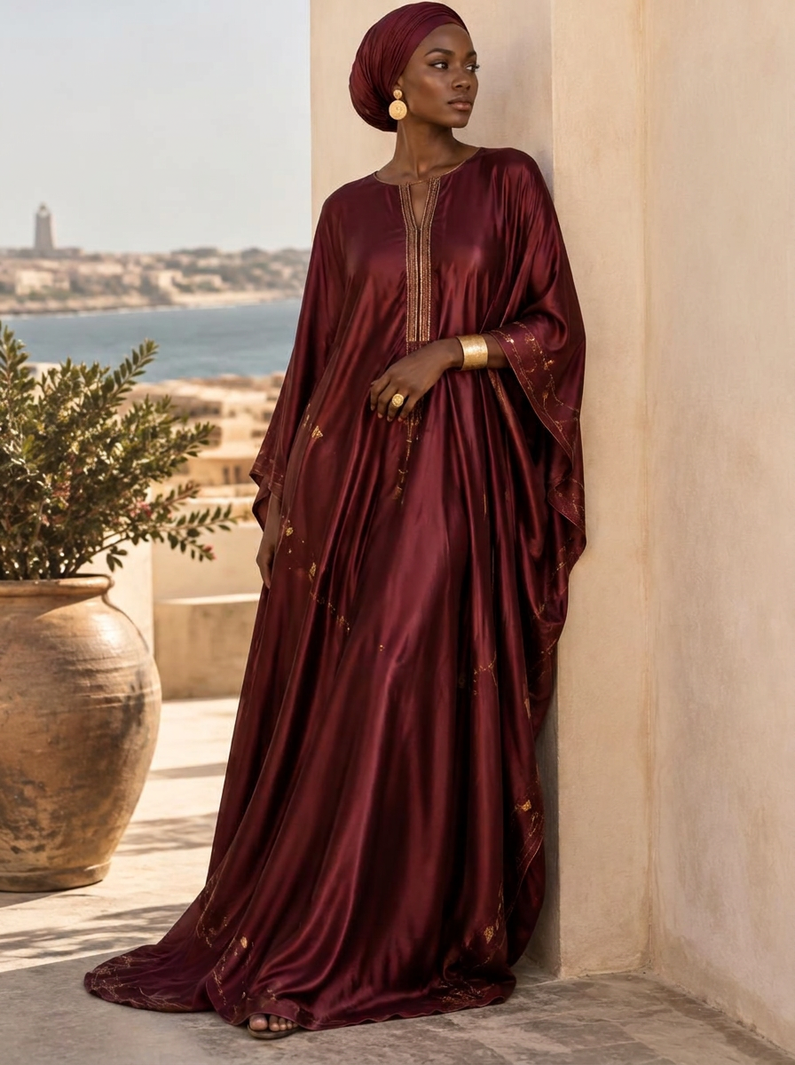 Femme vêtue d'une longue tenue bordeaux à reflets dorés, à Dakar